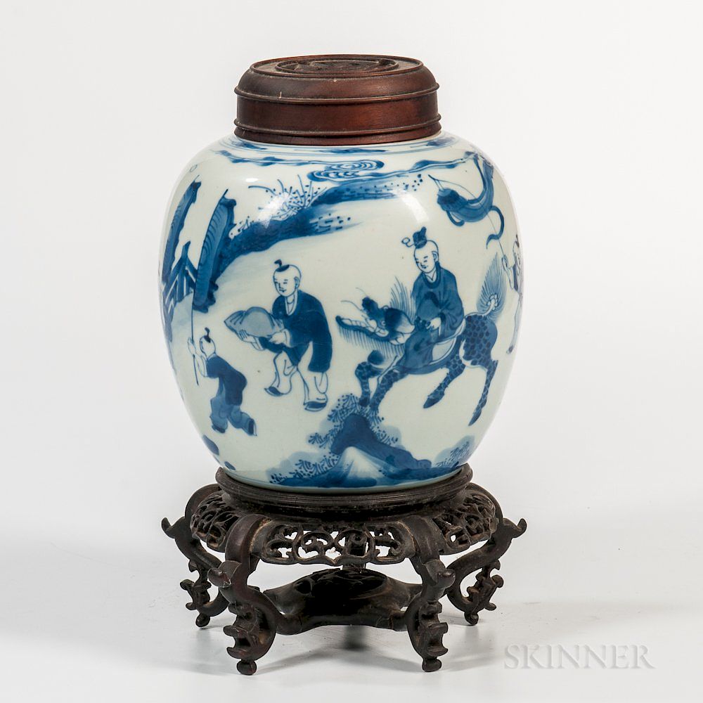 Appraisal: Small Blue and White Ginger Jar and Wood Cover Small