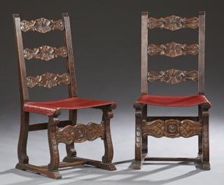 Appraisal: Pair of Spanish Carved Oak Ladderback Side Chairs late th