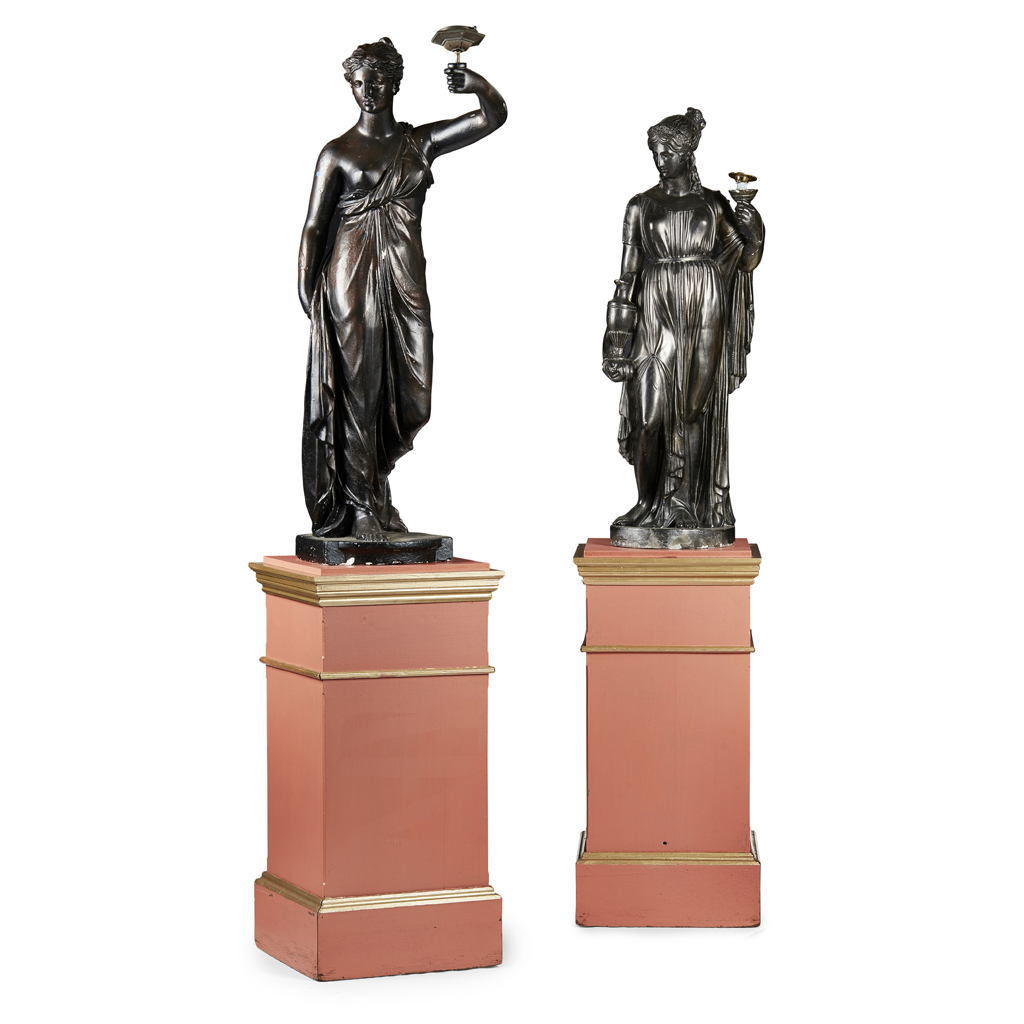 Appraisal: PAIR OF PAINTED PLASTER FIGURAL TORCHERES IN THE MANNER OF