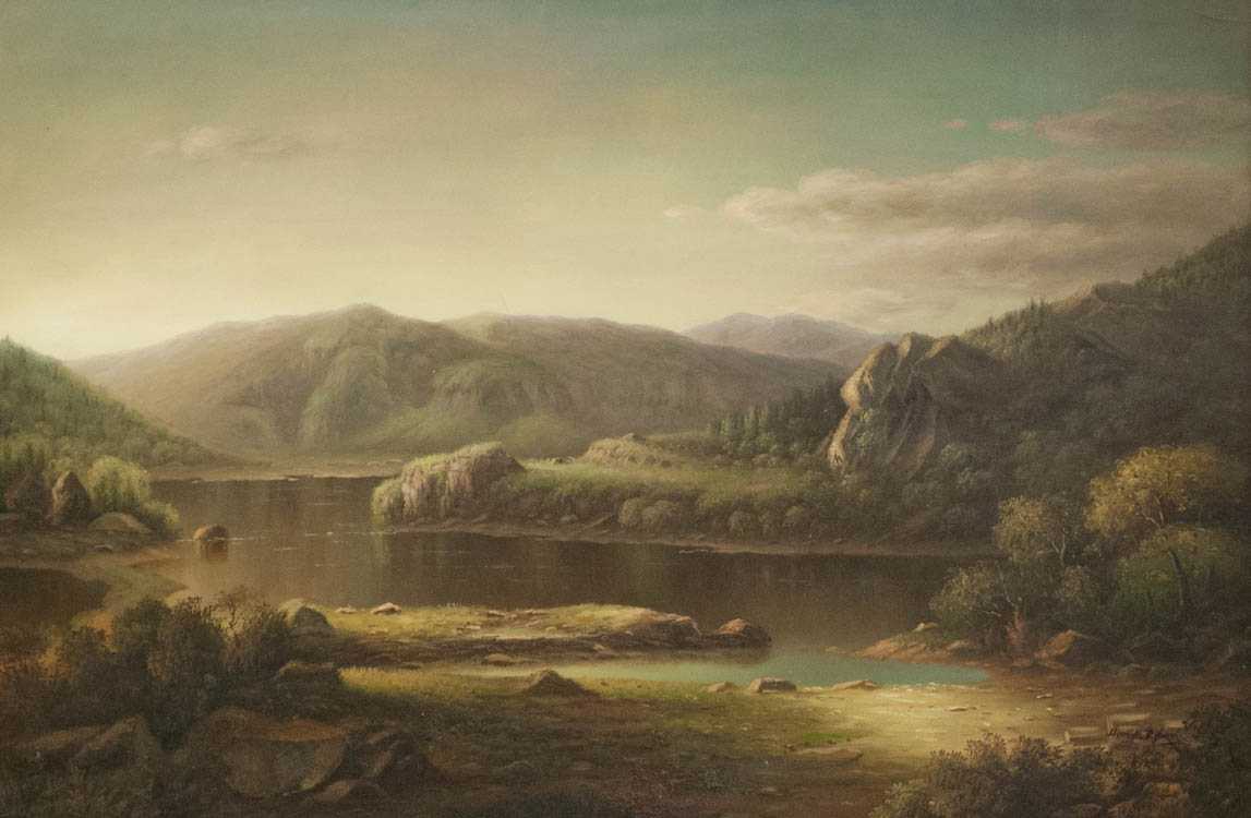 Appraisal: HENRY RYLAND OIL ON CANVAS river landscape with mountains beyond