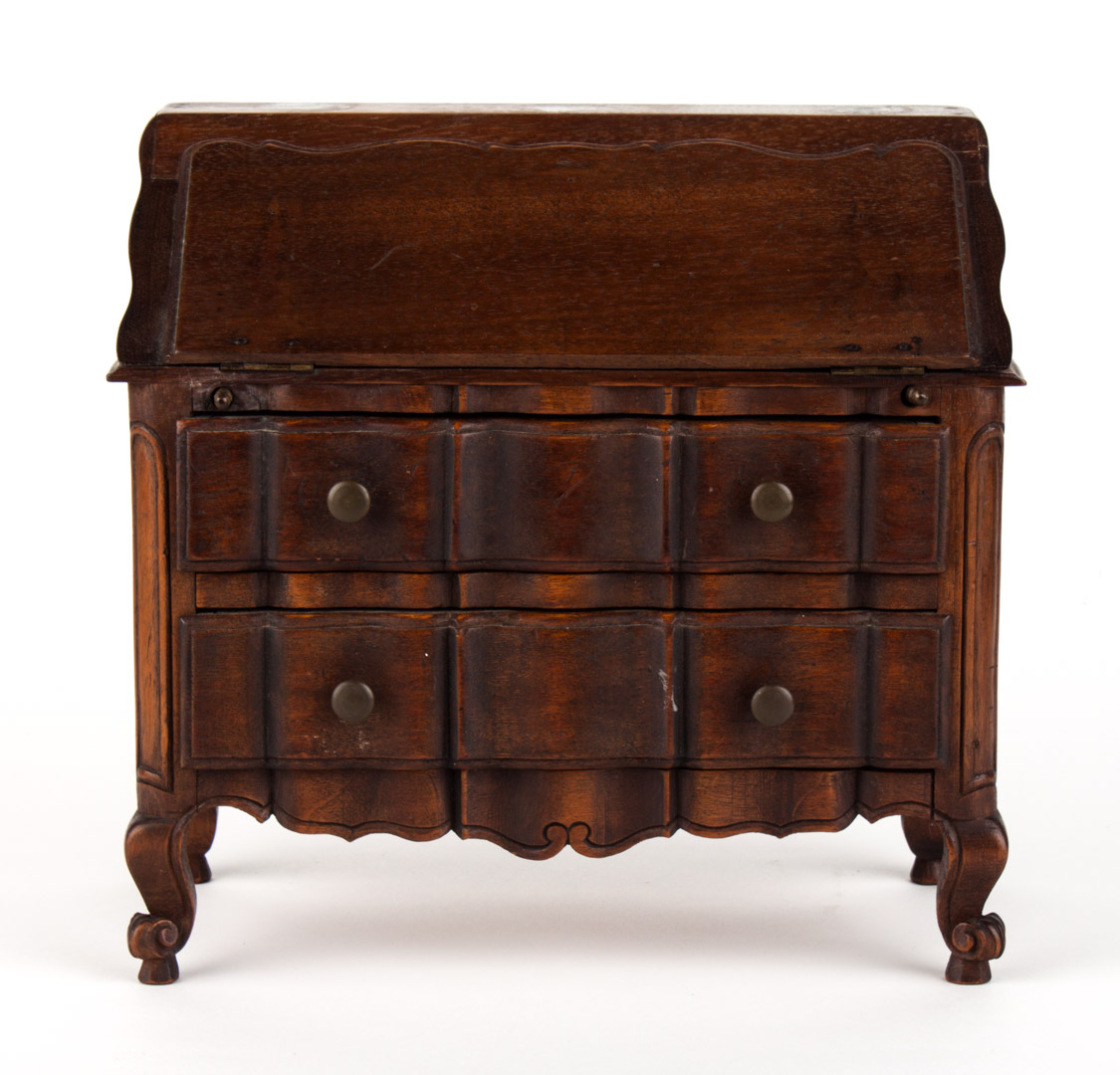 Appraisal: French Provincial style miniature slant front walnut fall front with