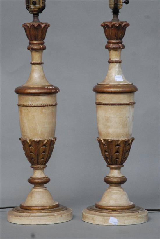 Appraisal: PAIR CARVED URN FORM LAMPS Paint and gilt decorated wood