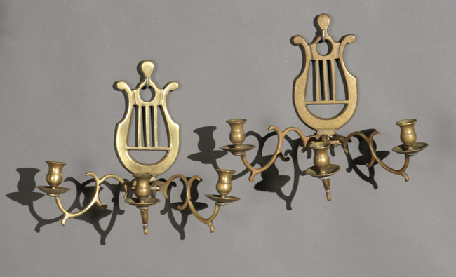 Appraisal: Two Pairs of Continental Brass Three-Light Sconces th Century Each