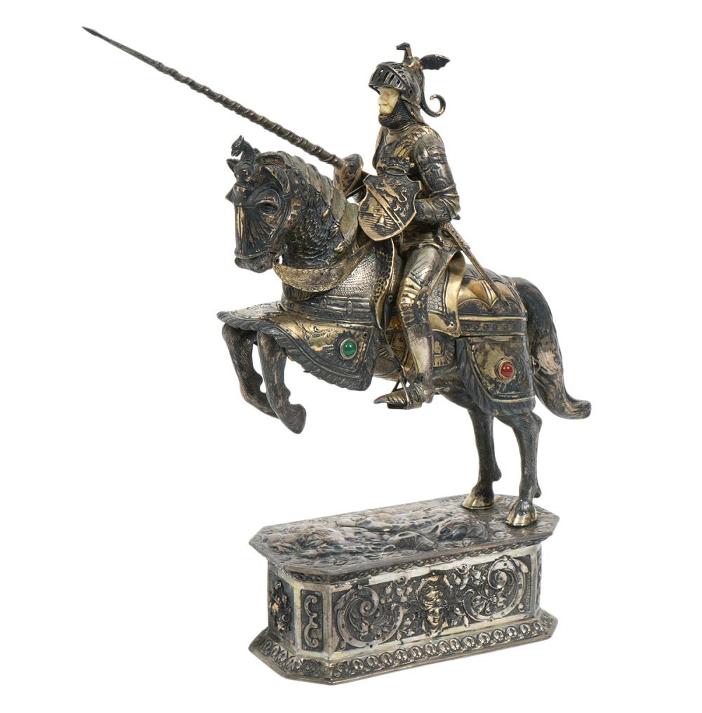 Appraisal: GERMAN STERLING SCULPTURE OF JOUSTING KNIGHTGerman sterling silver jousting knight