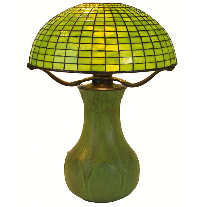 Appraisal: Tiffany Studios Grueby table lamp leaded glass shade supported by