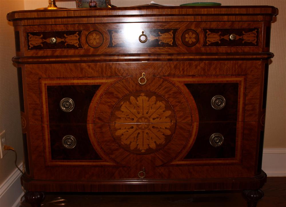 Appraisal: NEOCLASSICAL STYLE MAHOGANY INLAID COMMODE acanthus and medallion inlaid top