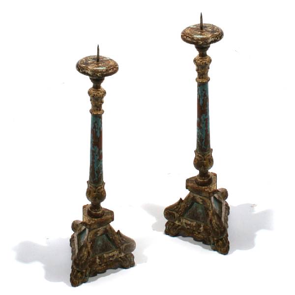 Appraisal: A pair of European style painted wood candle stands height