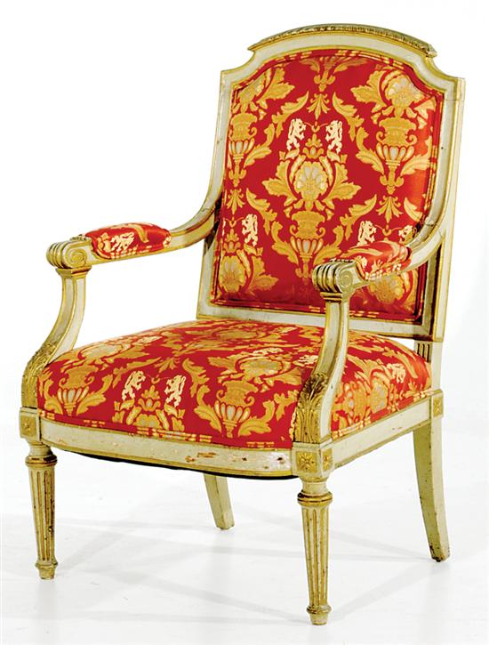 Appraisal: Louis XVI style carved and painted fauteuil late th century