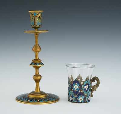 Appraisal: French Ormolu Bronze Champleve Candlestick and a Tea Glass Holder