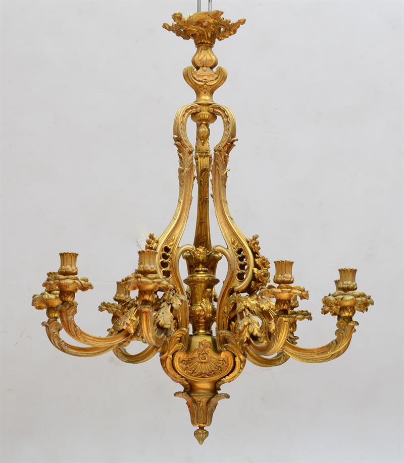 Appraisal: LOUIS XV STYLE GILT-BRONZE NINE-LIGHT CHANDELIER Of cage form issuing