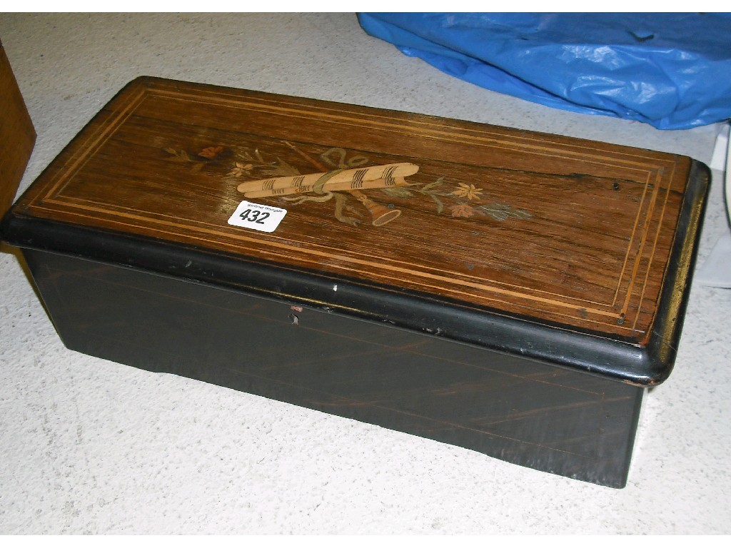 Appraisal: Rosewood and ebonised small musical box with cylinder the hinged