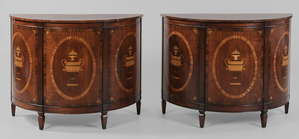 Appraisal: Pair Adam Style Inlaid Mahogany Demilune Commodes modern each with