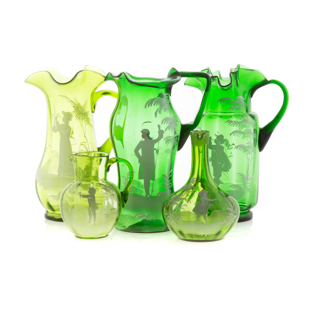 Appraisal: Five Mary Gregory green glass pitchers and ewer to in