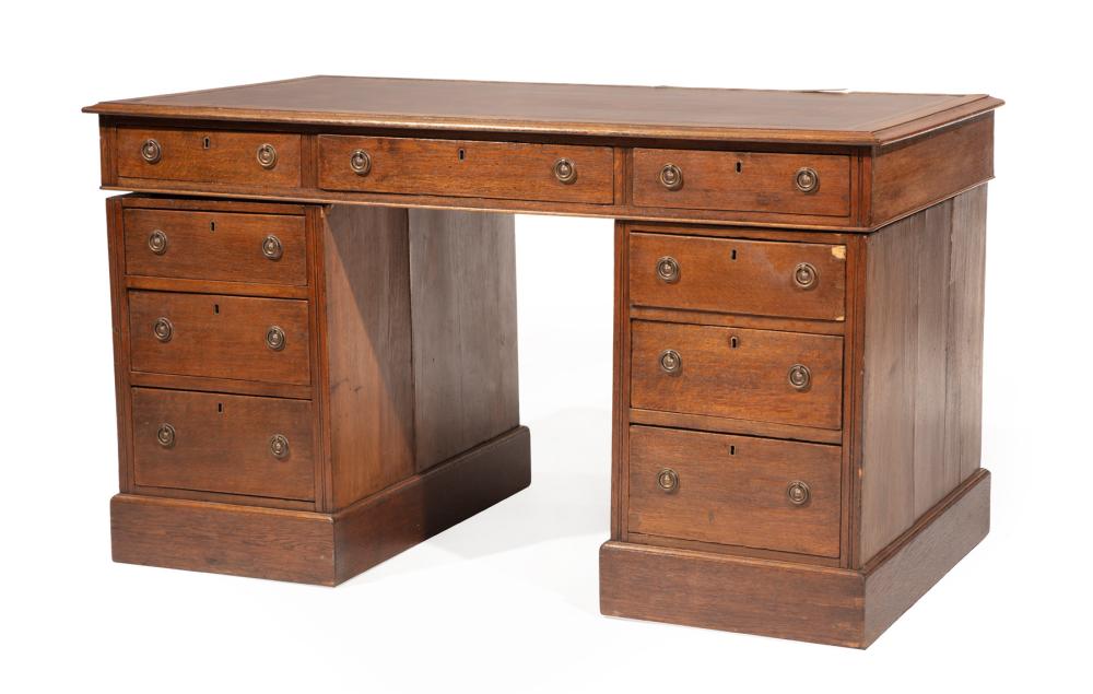 Appraisal: GEORGIAN-STYLE OAK PARTNER'S DESKGeorgian-Style Oak Partner's Desk inset leather top