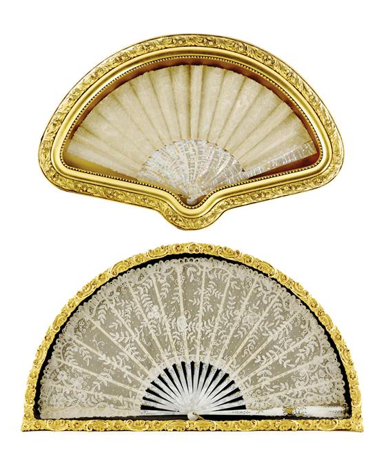 Appraisal: Framed lace and mother-of-pearl fans circa one with silver and