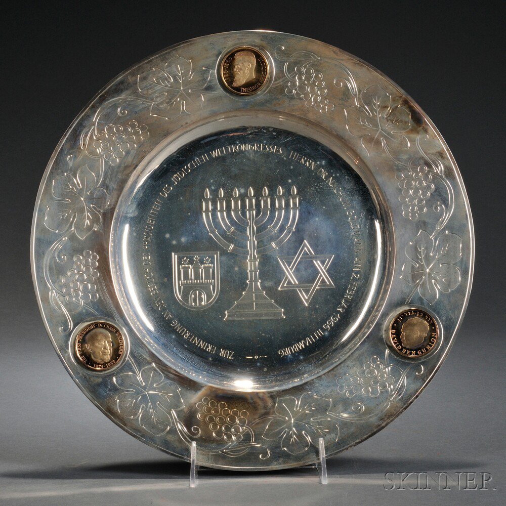 Appraisal: German Sterling Plate Presented to Nahum Goldmann inscribed commemorating Dr