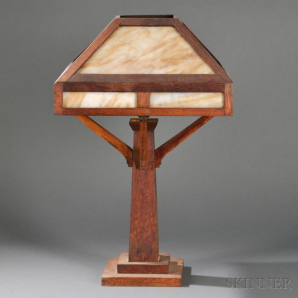 Appraisal: Arts Crafts Table Lamp Oak and slag glass United States