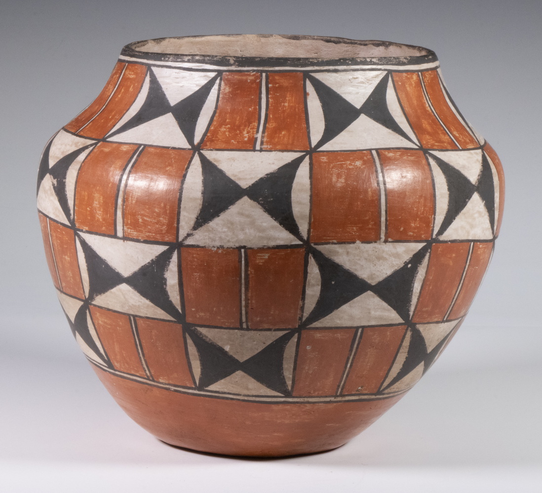 Appraisal: ACOMA ORANGE AND BLACK POTTERY OLLA Southwest circa seed jar