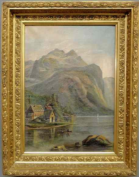 Appraisal: Oil on canvas painting of a lake landscape late th