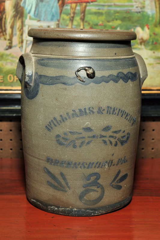 Appraisal: WILLIAMS AND REPPERT CROCK Three gallon salt glaze stoneware crock