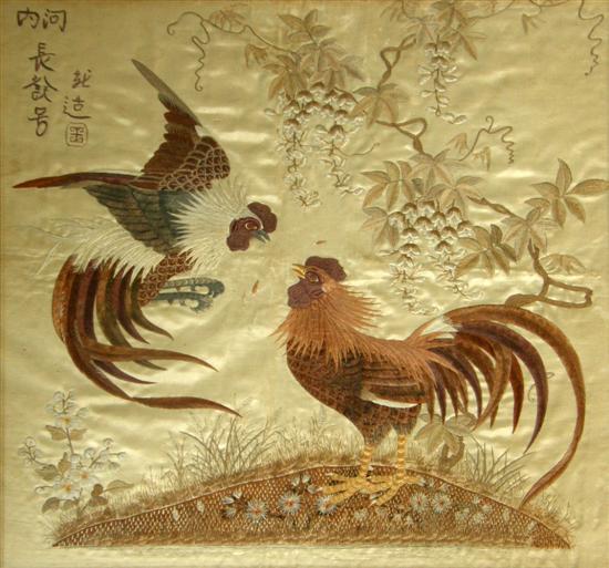 Appraisal: Chinese silk embroidered picture of chickens in a glazed frame