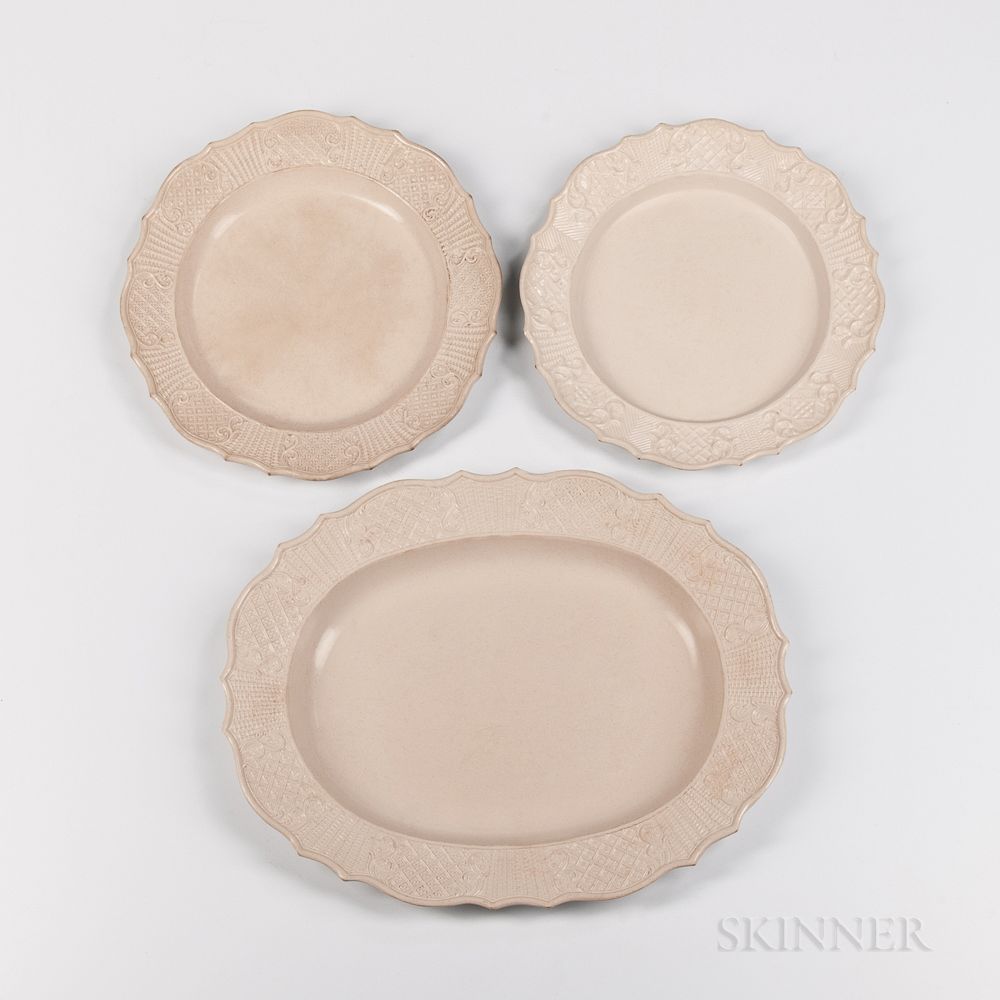 Appraisal: Three Staffordshire Press-molded Salt-glazed Stoneware Plates Three Staffordshire Press-molded Salt-glazed