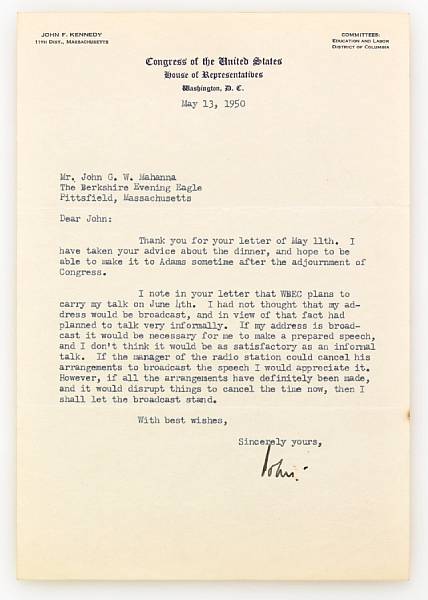 Appraisal: KENNEDY JOHN FITZGERALD Typed Letter Signed John p vo Washington