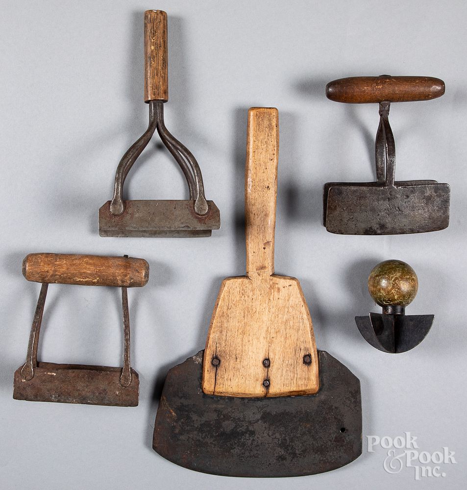 Appraisal: Five early iron and wood food choppers Five early iron