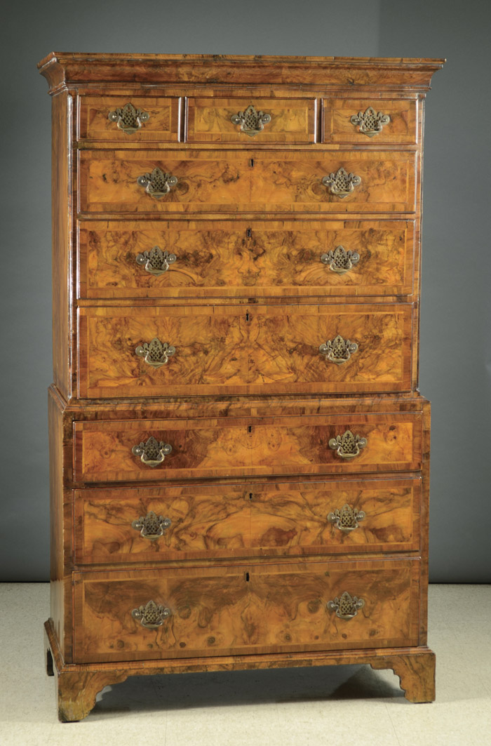 Appraisal: GEORGE III BURL WALNUT CHEST ON CHEST English early th