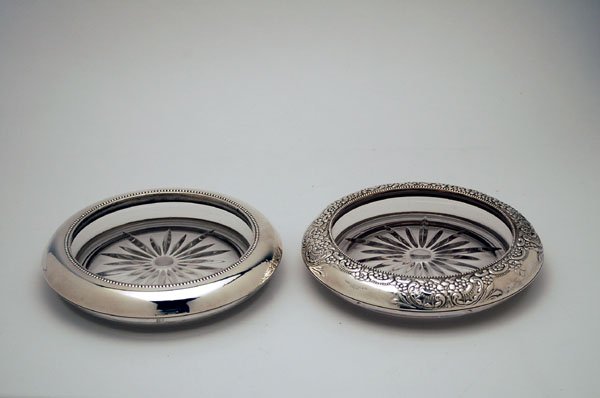 Appraisal: Two glass bottle coasters with sterling rims both marked Frank