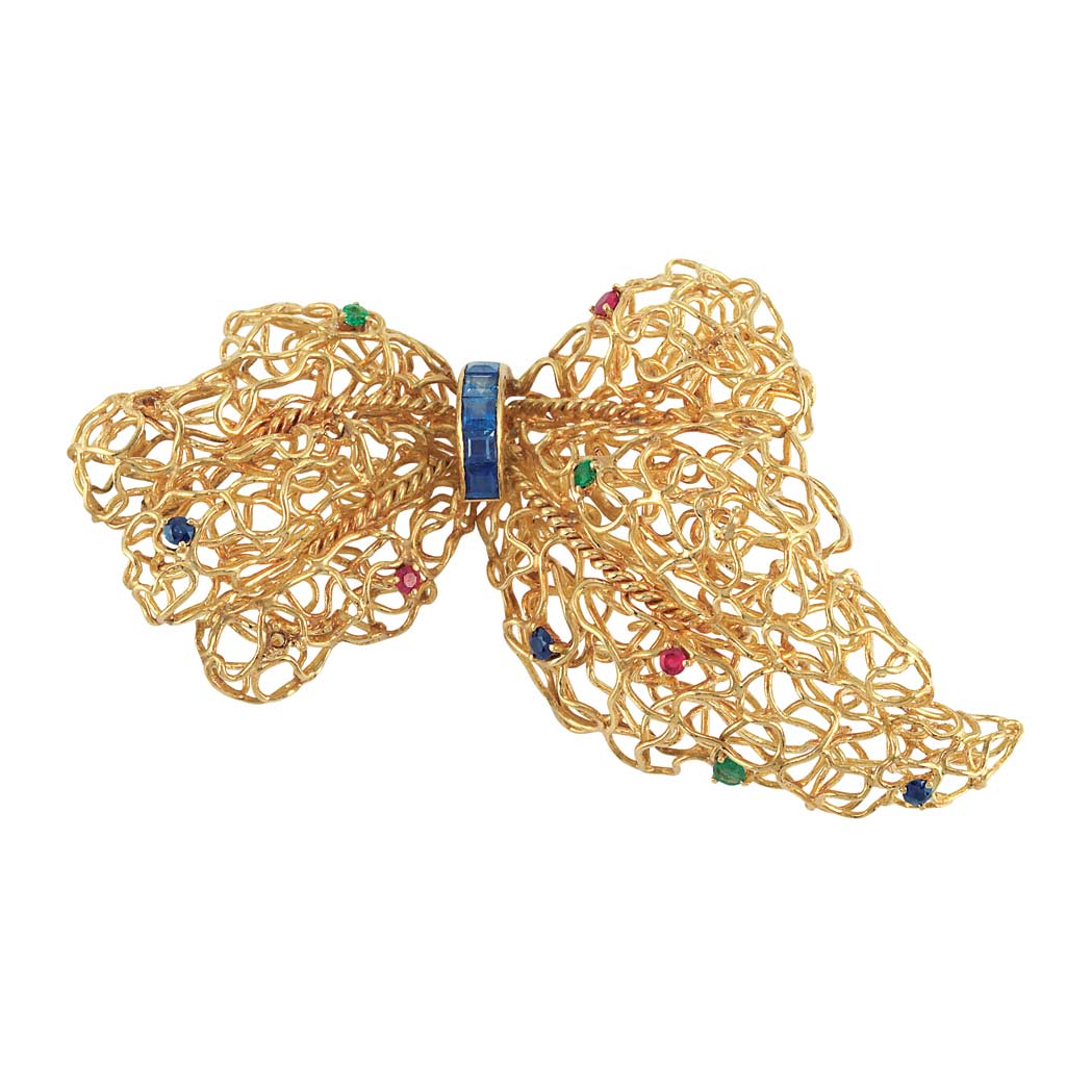 Appraisal: Gold and Gem-Set Bow Clip-Brooch kt sapphires rubies emeralds stones