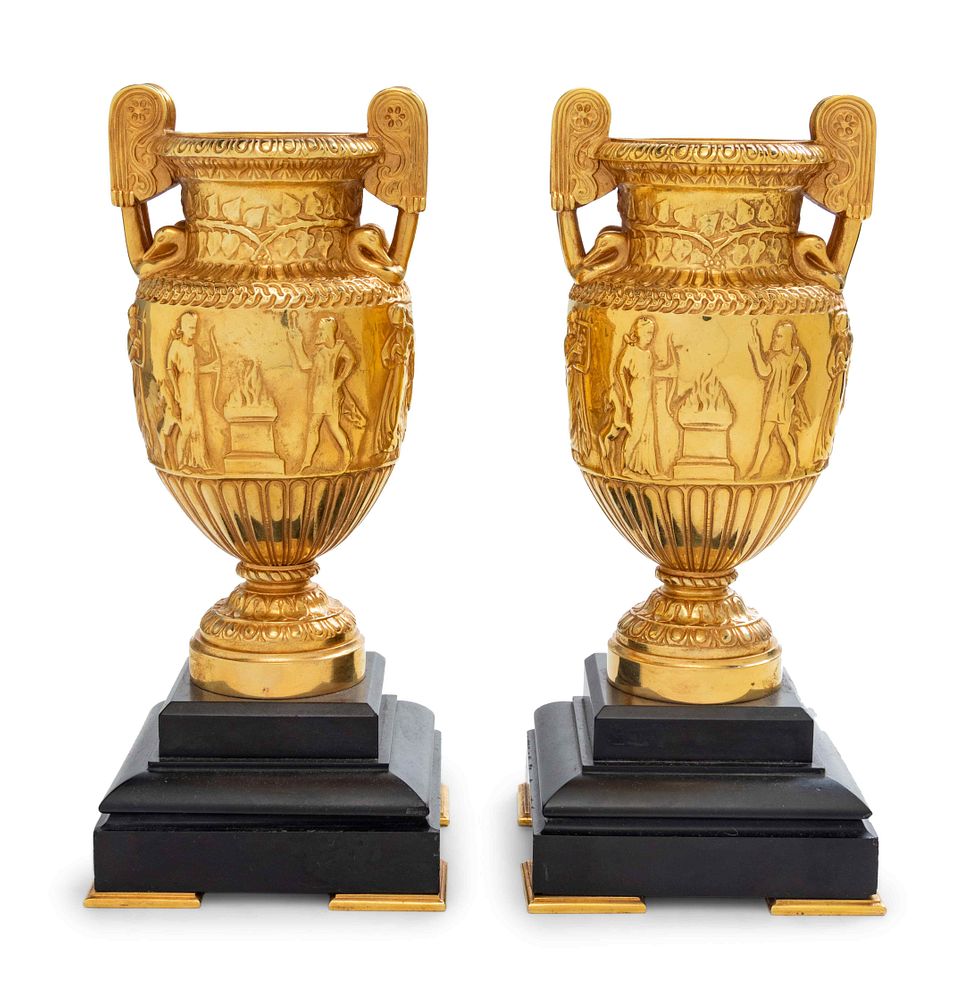 Appraisal: A Pair of Neoclassical Gilt Bronze Urns A Pair of