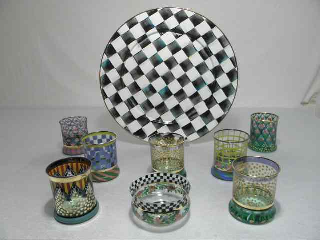 Appraisal: Mackenzie Childs hand painted tumblers MacKenzie Childs bowl and an