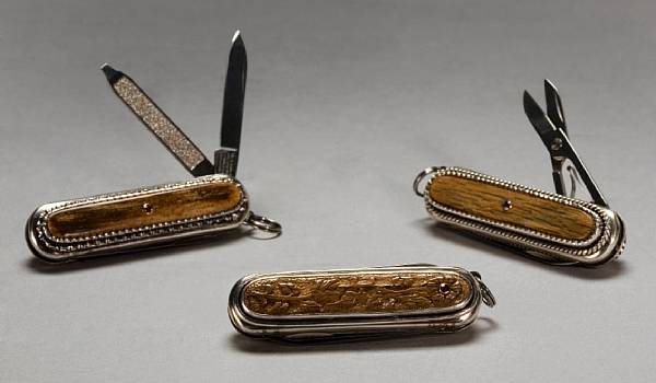 Appraisal: A Suite of Three Mammoth Ivory and Gemstone Pocket Knives