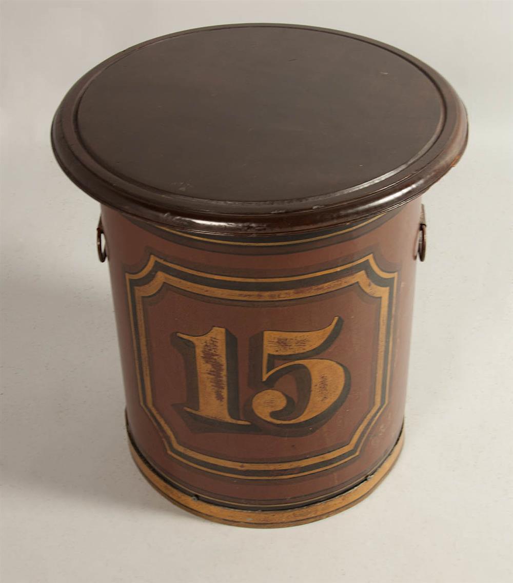 Appraisal: TOLE AND MAHOGANY FIRE BUCKET SIDE TABLE the circular molded