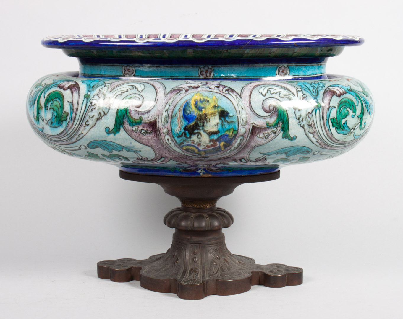 Appraisal: Italian Majolica bronze jardiniere Renaissance style glazed earthenware planter with