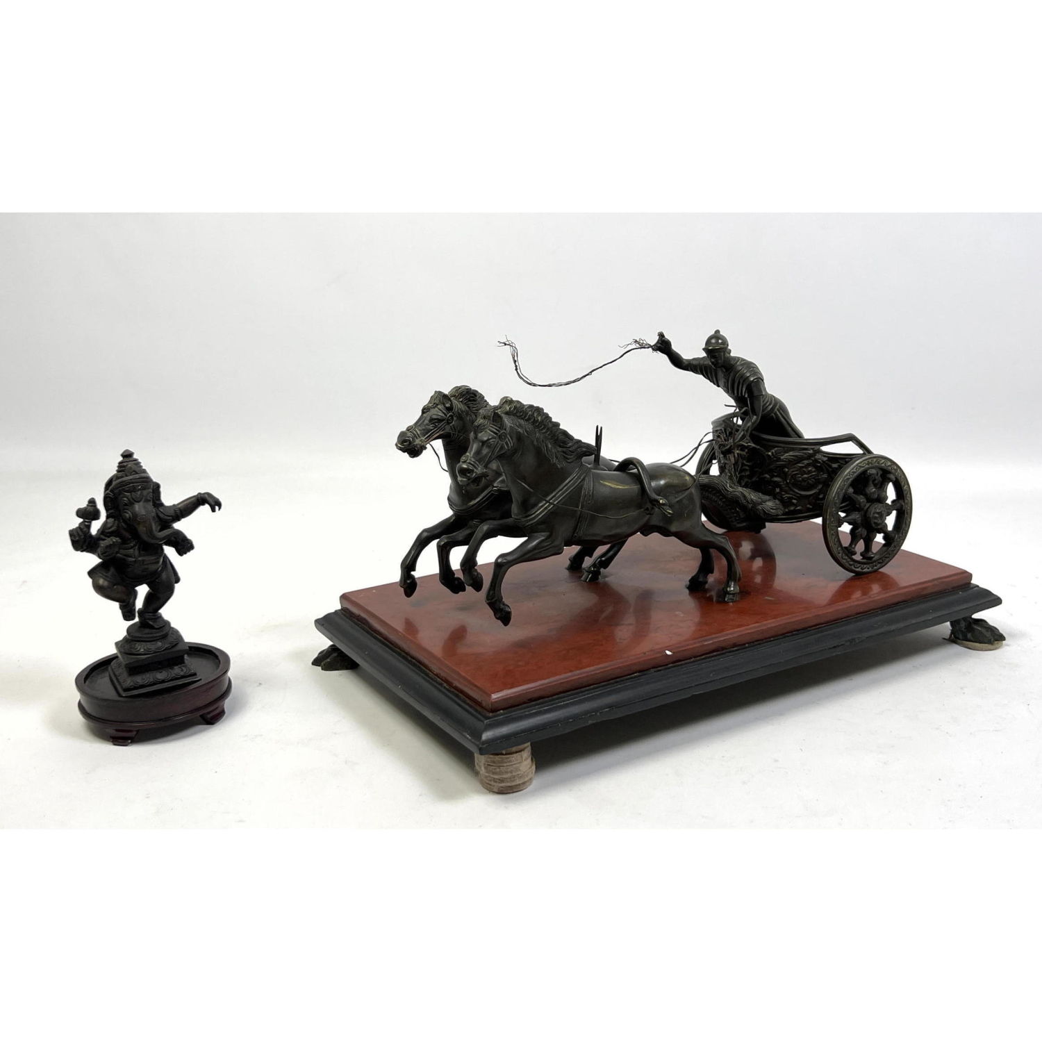 Appraisal: pc Metal Sculpture Ganesha Figure Charioteer and Horses Chariot Dimensions