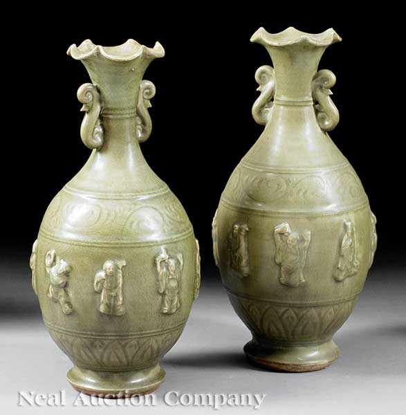 Appraisal: A Near Pair of Chinese Longquan Celadon Pottery Vases ovoid