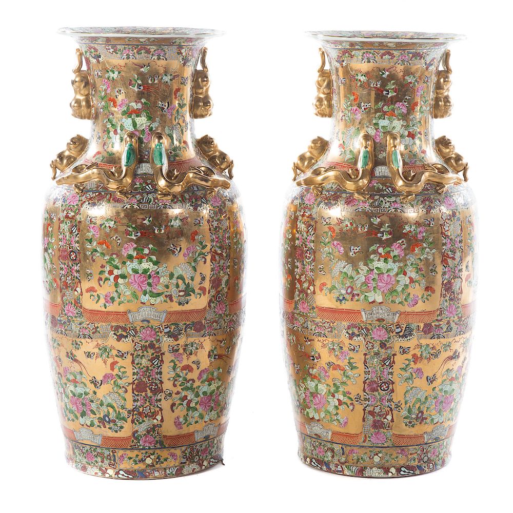 Appraisal: Pair Chinese Export Famille Rose Gilt Temple Vases th century