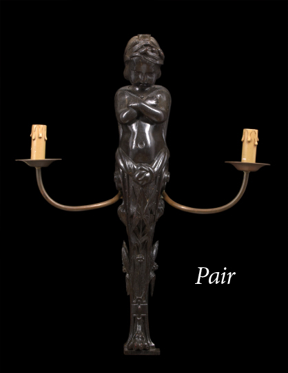 Appraisal: Striking Pair of French Carved and Black-Stained Oak Terme Appliques