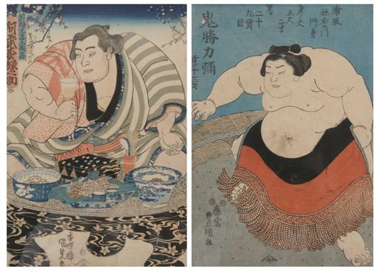 Appraisal: KUNISADA Japanese - Two sumo woodblock prints - Sight size