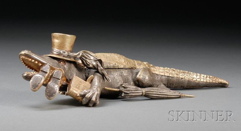 Appraisal: Viennese Silvered and Patinated Bronze Alligator-form Matchsafe c with hinged