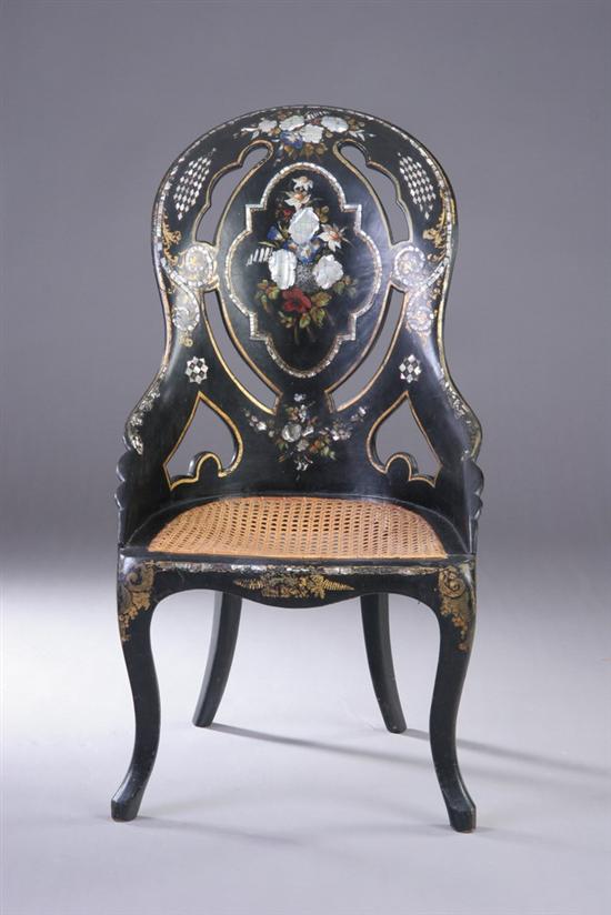 Appraisal: VICTORIAN PAPIER M CH AND MOTHER-OF-PEARL INLAID GONDOLA CHAIR th