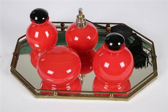 Appraisal: GLASS DRESSER SET Art Deco dresser set with red cased