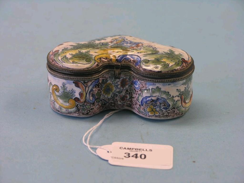 Appraisal: A th century Dutch delft trinket box kidney-shape painted with