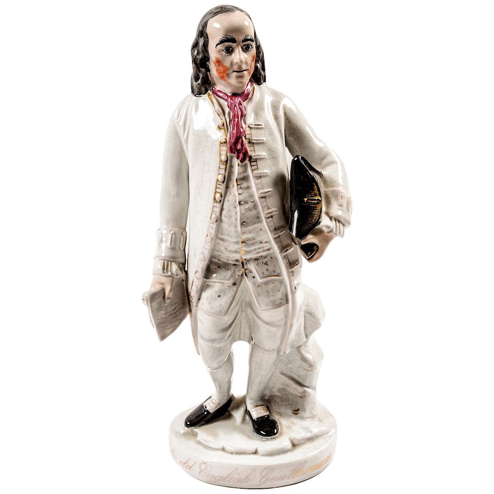 Appraisal: c - BENJAMIN FRANKLIN Staffordshire Polychrome Ceramic Figure Glass and