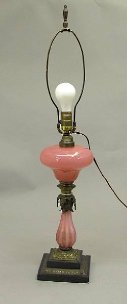 Appraisal: A Victorian pink opaque glass gilt brass and slate oil