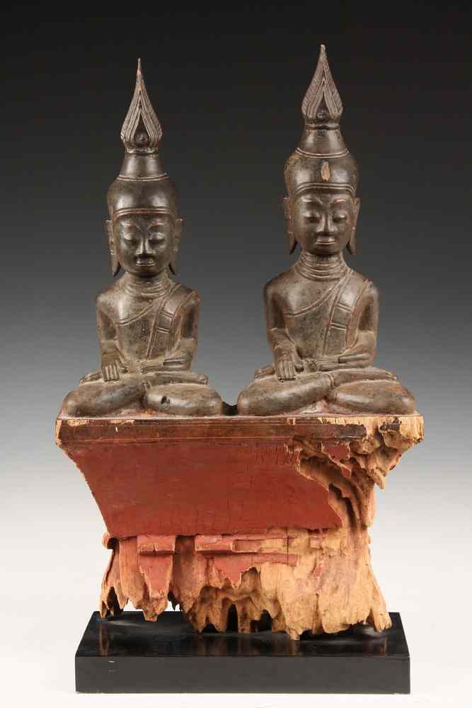 Appraisal: THAI TEMPLE CARVING - Early Carving of Twin Deities Seated