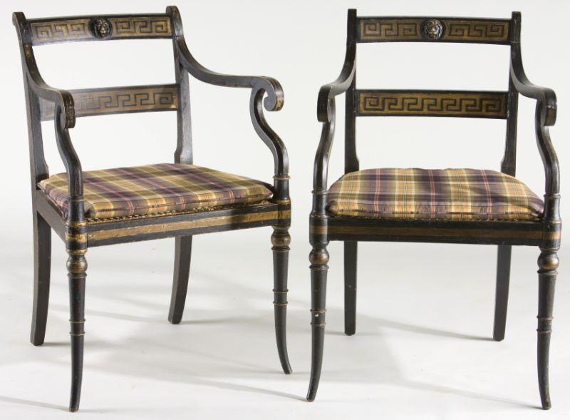 Appraisal: Pair of Regency Painted Open Arm Chairs early th c