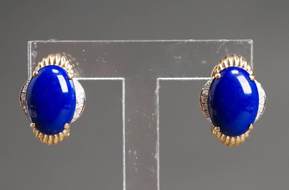 Appraisal: PAIR OF -KARAT YELLOW-GOLD LAPIS LAZULI AND DIAMOND CLIP BACK